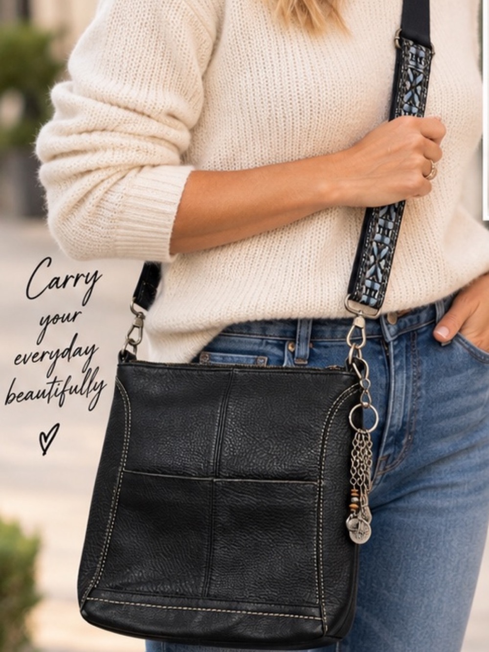 The Sak Black Lucia Leather Crossbody Bag with Decorative Strap